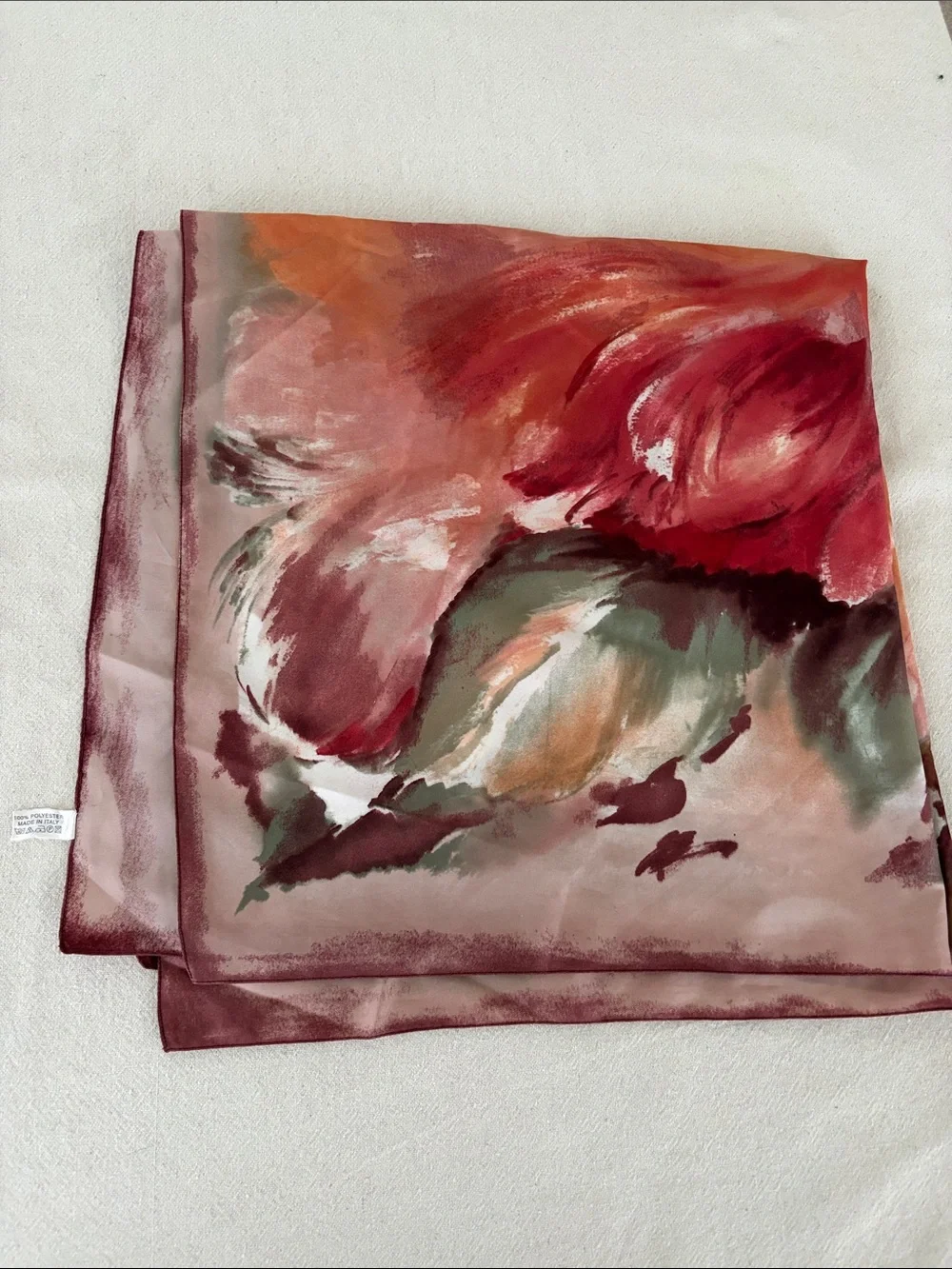 Silk-Feel Watercolor Print Scarf in Rose and Coral
